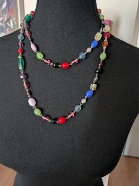 Long Vintage Glass Multicolor Beaded Necklace - Women Jewelry